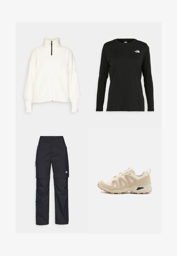 Giacca bianca in micropile con zip e collo alto, spalle scese e polsini a coste. Presenta una zip nera a contrasto e una trama sottile.; T-shirt nera a maniche lunghe in cotone con colletto rotondo. Presenta un piccolo logo bianco sul lato sinistro del petto. Design semplice e vestibilità comoda.; Pantaloni cargo in nylon nero con zip rimovibile, polsini regolabili, molteplici tasche e un logo sulla gamba destra. Tessuto liscio e leggero.; Scarpa atletica beige e crema con tomaia in mesh testurizzato, sovrapposizioni supportive e suola in gomma con un motivo a tasselli per la trazione.