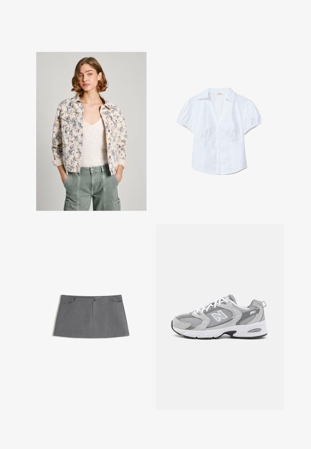 Giacca di denim a fantasia floreale in crema e blu navy, con chiusura a bottoni, due tasche sul petto e maniche arrotolate. Indossata sopra una maglietta chiara.; Camicetta bianca a maniche corte con colletto strutturato, maniche a sbuffo e chiusura frontale con bottoni. Presenta tessuto arricciato sul busto.; Gonna grigia con taglio dritto, due tasche frontali, chiusura con bottone frontale e un sottile motivo di texture.; Scarpe da ginnastica grigie con tomaia in rete e camoscio, lacci bianchi e suola nera. Presentano un logo "N" prominente e un collare imbottito.