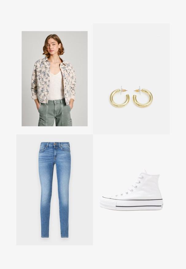 Ziedu raksta džinsa jaka krēmkrāsā un tumši zilā, ar pogu priekšpusi, divām krūšu kabatām un sarullētām piedurknēm. Valkāta virs gaiša topa.; Burgundijas krāsas korduroja krekls ar klasisku apkakli, pogu priekšpusi un trim ceturtdaļām garām piedurknēm; iekļauj pepluma apakšdaļu un strukturētu audumu.; Šauri gaismis zili džinsi ar vidēju jostas augstumu, priekšējo pogu un piecu kabatu dizainu.; Balti augstie kanvas sporta apavi ar melnu gumijas zoli, priekšējo gumijas purngalu un sešām acīm lencēm, kuriem ir tīrs, minimālistisks dizains.; Zelta auskari ar gludu, spīdīgu apdari. Apaļš dizains, kas ietver mazu tapu un caurspīdīgu pamatni drošai valkāšanai.