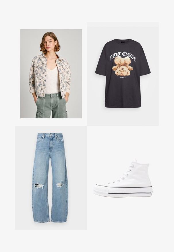 Chaqueta de denim con estampado floral en crema y azul marino, con cierre de botones, dos bolsillos en el pecho y mangas enrolladas. Llevada sobre una blusa ligera.; Camiseta negra de gran tamaño con un gráfico de un oso y el texto "NO LINDO SINO SALVAJE" en letras blancas y en negrita. Material de algodón.; Vaqueros de mezclilla de tiro alto en azul claro. Tienen piernas anchas, dos áreas desgastadas en las rodillas y un estilo clásico de cinco bolsillos.; Zapatilla de lona alta blanca con suela de goma negra, puntera de goma frontal y seis ojetes para los cordones, que presenta un diseño limpio y minimalista.