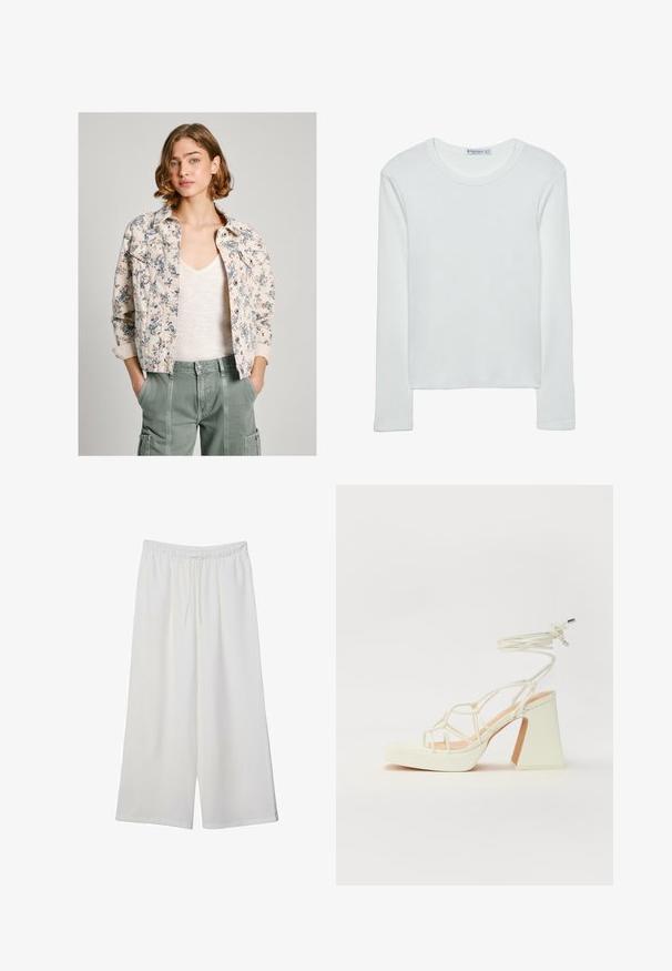 Blomstermønstret denimjakke i creme og marineblå, med knaplukning, to brystlommer og oprevne ærmer. Bæres over en lys bluse.; Hvid langærmet t-shirt lavet af ribbet stof med rund halsudskæring og lige skæring i kanten. Enkel, ensfarvet design.; Hvide vidde bukser lavet af letvægtsstof, med en elastisk talje og snøre for justerbar pasform. Glat tekstur.; Hvide højhælede sandaler med en kraftig hæl, der har et stropdesign og ankelbinding. Glat tekstur med en platform foran for ekstra højde.
