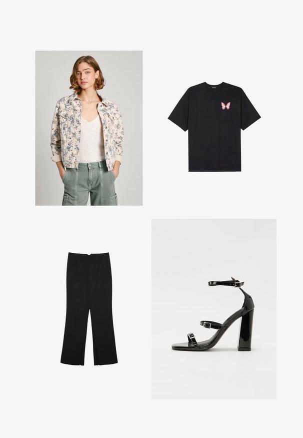 Blomstermønstret denimjakke i creme og marineblå, med knaplukning, to brystlommer og oprevne ærmer. Bæres over en lys bluse.; Sort bomulds T-shirt med korte ærmer, prydet med en lille pink sommerfugl grafik på venstre bryst. Rund hals design med en afslappet pasform.; Sorte bukser med lige pasform, der har frontlommer og slidser i kanten. Lavet af blødt, glat stof. Velegnet til forskellige anledninger.; Sorte laklædersandaler med høje hæle, to spænderemme, firkantet tå og en kraftig blokhæl, der har en glat, blank overflade.