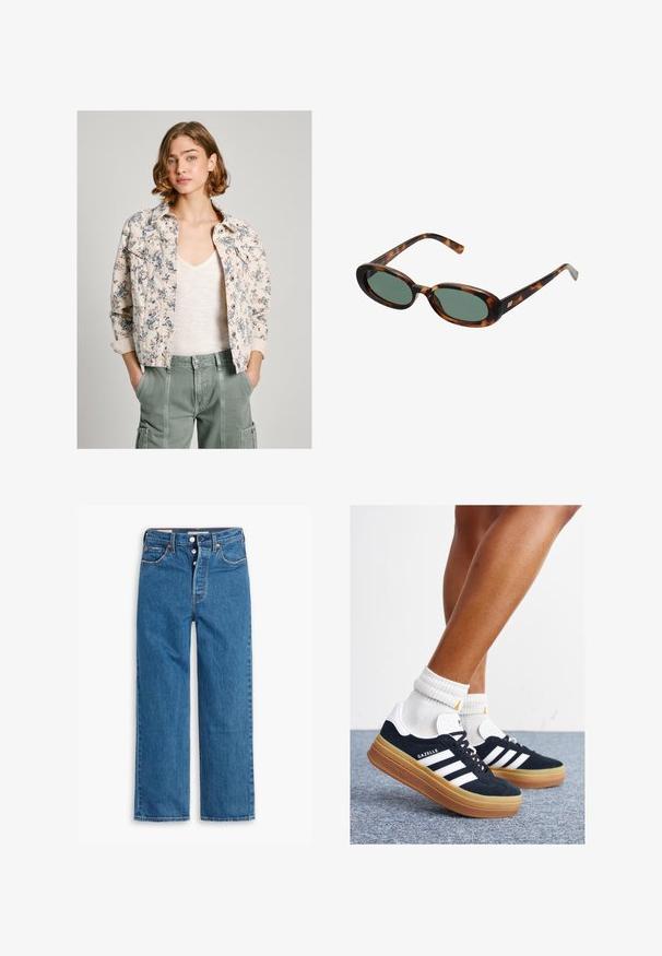 Blommönstrad jeansjacka i krämfärgad och marinblå, med knappstängning, två bröstfickor och uppkavlade ärmar. Bärs över en ljus topp.; Vit långärmad topp med bred halsringning, sidoklipp och ett mjukt, lätt tyg som har en enkel, minimalistisk design.; Blå denim raka jeans med hög midja, femficksdesign och knappgylf. Tydlig sömnad och kopparfärgade nitar.; Svarta sneakers i mocka med vita ränder och detaljer, rundad tå, yttersula i gummiblandning, kombinerade med vita ribbade crew-strumpor.; Sköldpaddsmönstrade solglasögon med ovala bågar och gröna linser. Har tunna skalmar med en metallisk detalj vid gångjärnen.