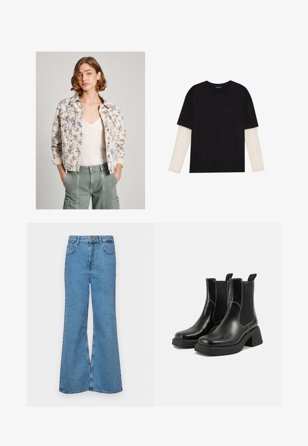 Kreemja ja tumesinise lillemustriga teksajakk, millel on nupud ees, kaks rinna taskut ja rullitud varrukad. Kantud heleda särgi peal.; Mustmust särk, mis on valmistatud puuvillast, lühikeste varrukatega, valge pika varrukaga kihi peal, millel on peene tekstuuriga muster. Ümar kaelus.; Heledad sinine flared teksade rõivad, millel on kõrge talje, viis taskut ja üks nupulukk. Pehme tekstuur ja pleekinud viimistlus.; Must musta Chelsea saapad, millel on paks konts, elastsed külgpaneelid ja kontrastne valge õmblus. Tekstuuriga viimistlus.