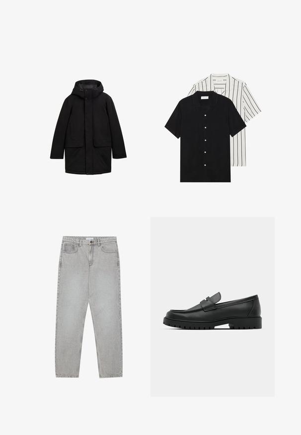 Must musta jope kapuutsiga, millel on nööpidega esikinnis, kaks esikotti ja sile, mati tekstuuriga. Lihtne, sirge lõike disain.; Kaks lühikeste varrukatega särki: üks ühtlane must, teine valge mustade vertikaalsete triipudega. Mõlemal on nööbiga kinnitamine ja klassikaline krae.; Heledad hallide denimpüksid otse säärekujundusega, viie-taskulise stiliseerimise ja nupukinnitusega. Nähtav õmblus kõrvuti.; Mustad musta nahast loafers, millel on ümar varvas, tikandiga disain, madal platvorm-soon ja tekstureeritud, soonikkummist välistald.