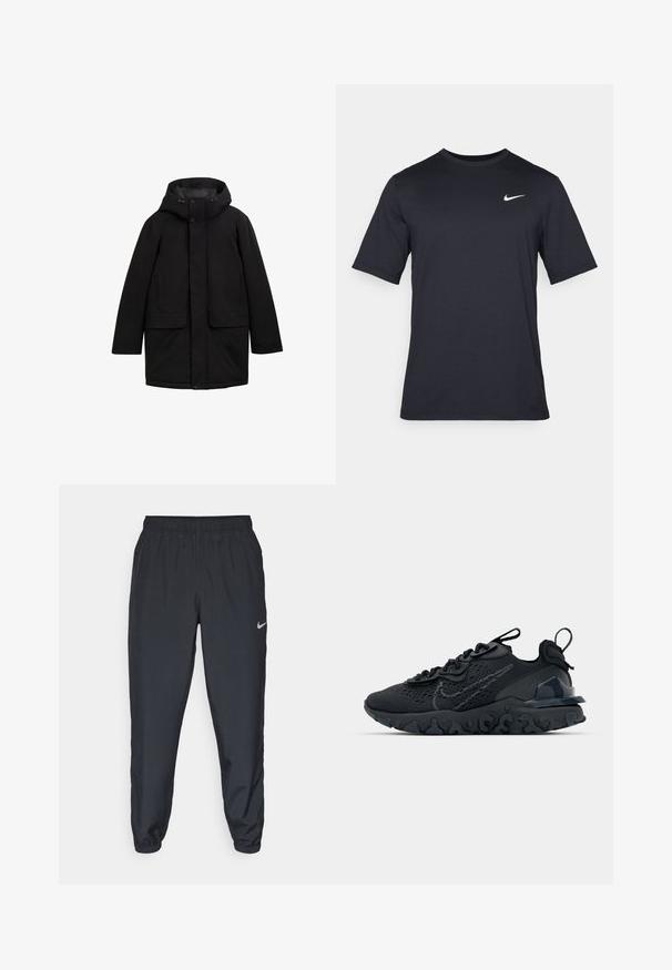 Melnā parka jaka ar kapuci, ar pogām aizverama priekšpuse, divas priekšējās kabatas un gluda, matēta tekstūra. Vienkāršs, taisns griezums.; Melnas īsām piedurknēm Nike t-krekls, izgatavots no gludas auduma, ar baltu swoosh logotipu augšējā kreisajā pusē, apaļu kakla izgriezumu.; Melnas sporta bikses, izgatavotas no viegla auduma, ar elastīgu jostasvietu, potīšu malām un diskretu Nike logo kreisajā pusē.; Melnas sporta kurpes ar elpojošu sieta augšdaļu, teksturētām akcentiem un viļņotu gumijas zoli. Iekļauj atstarojošu logotipu un šņorēšanas sistēmu.
