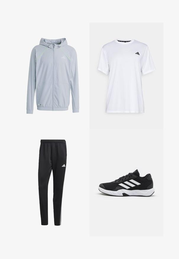 Ljusgrå zip-jacka med huva, med neongröna accentlinjer, mesh-texturpaneler och elastiska ärmslut och nederkant.; Vit sporttopp med kort ärm, tillverkad av fukttransporterande tyg. Har en svart logotyp på vänster bröst och ett mönstrat inre halsringning.; Svarta träningsbyxor med elastisk midja, vita sidostreck och en liten vit logotyp på låret. Tillverkade av ett slätt, lätt material.; Svarta sportskor med ett texturerat nätövre, vita accentlinjer, en dämpad sula och en förstärkt häl för stöd.