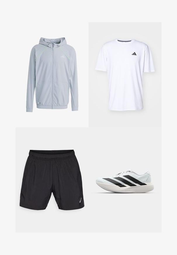 Giacca zip-up grigia chiara con cappuccio, caratterizzata da linee di accento verde neon, pannelli in tessuto a rete e polsini ed orlo elasticizzati.; Maglietta bianca a maniche corte realizzata in tessuto con una trama liscia. Presenta un logo adidas nero sul lato sinistro del petto e un colletto con motivo.; Pantaloni sportivi neri realizzati in materiale leggero, con una vita elastica e un piccolo logo sul lato sinistro inferiore.; Scarpe da corsa leggere di colore azzurro pallido con strisce nere. Presentano una tomaia liscia, punta rotonda e un'ampia intersuola bianca etichettata "LIGHTSTRIKE PRO."