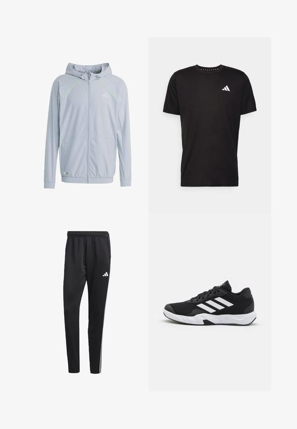 Světle šedá zipová bunda s kapucí, která má neonově zelené akcentní pruhy, panely s síťovinou a elastické manžety a lem.; Černé bavlněné tričko s krátkým rukávem, kulatým výstřihem a bílým logem na levé hrudi. Hladká textura a jednoduchý design.; Černé sportovní kalhoty s elastickým pasem, bílými bočními pruhy a malým bílým logem na stehně. Vyrobené z hladkého, lehkého materiálu.; Černé sportovní boty s texturovaným síťovaným svrškem, bílými akcentními pruhy, polstrovanou podrážkou a vyztuženým patem pro podporu.