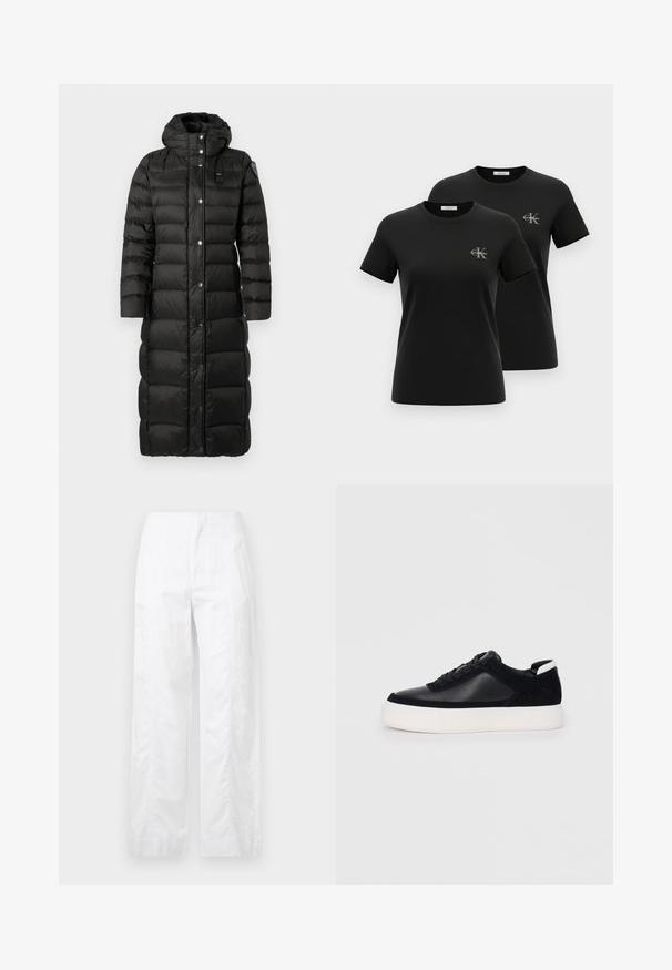 Hosszú fekete puffermellény kapucnival, vízszintes steppelt panelek, patentgombok és egy kis márkacímke a mellkasán. Simább textúrájú.; Két fekete, rövid ujjú, kerek nyakú póló kis szürke "CK Calvin Klein" logóval a bal mellrészen, fehér háttéren bemutatva.; Fehér, széles szárú nadrág könnyű anyagból, sima textúrával, letisztult vonalakkal és magasderék kialakítással.; Fekete sportcipő sima bőrből és velúr panelekkel, lapos fűzőkkel, kerek orral és fehér gumi talppal. Megkülönböztető logó a sarkán.