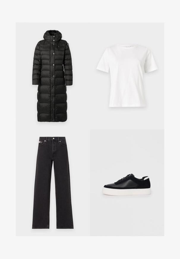 Pikk must puffer-sviiter, millel on kapuuts, horisontaalsete õmbluspaneelidega, nööbid ja väike brändimärk rinnal. Sile tekstuur.; Valge puuvillane T-särk lühikeste varrukatega, ümmarguse kaelusega ja vabalt istuv. Sile tekstuur, ilma mustrite ja aktsentideta, minimalistik disain.; Mustad laiad mustad teksad, millel on kõrge vöökoht, viie tasku stiil ja metallist nööpkinnitus kontrastsete õmblustega.; Mustad mustad spordijalanõud siledast nahast ja sametist paneelidega, lame nööriga, ümar varvas ja valge kummist tallaga. Erakordne logo kontsas.