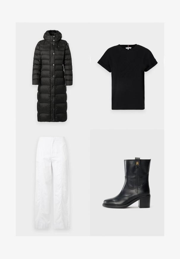 Mantou lung, negru, tip puffer, cu glugă, cu panouri qiltate orizontale, nasturi cu cap și o etichetă mică a brandului pe piept. Textură netedă.; Tricou din bumbac negru, cu mâneci scurte răsucite, având un logo embosat în centrul său și un accent mic cu steag pe lateral.; Pantaloni albi cu croială largă, fabricați dintr-un material ușor, având o textură netedă, linii curate și un design cu talie înaltă.; Botină din piele neagră, până la jumătatea gambei, cu toc pătrat și logo-ul „TH” aurit pe eticheta de prindere, pe un fundal alb.