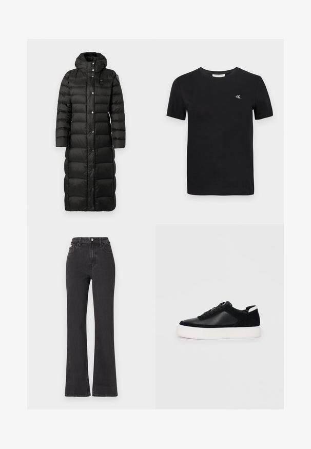 Dolga črna pufasta jakna s kapuco, ki ima vodoravne prešitke, gumbe na pritiskač in majhno oznako blagovne znamke na prsih. Gladka tekstura.; Črna bombažna majica s klasičnim okroglim ovratnikom, kratkimi rokavi in majhnim belim vezenim logotipom "ck" na prsih.; Črne kavbojke s visokim pasom in razširjenimi hlačnicami, narejene iz denima, z gumbom za zapiranje, zankami za pas in stranskimi žepi. Gladka tekstura z minimalnim bledenjem.; Črne športne copate z gladko usnjeno in semišnimi paneli, ravnimi vezalkami, zaobljenim nosom in belim gumijastim podplatom. Oznaka na peti.