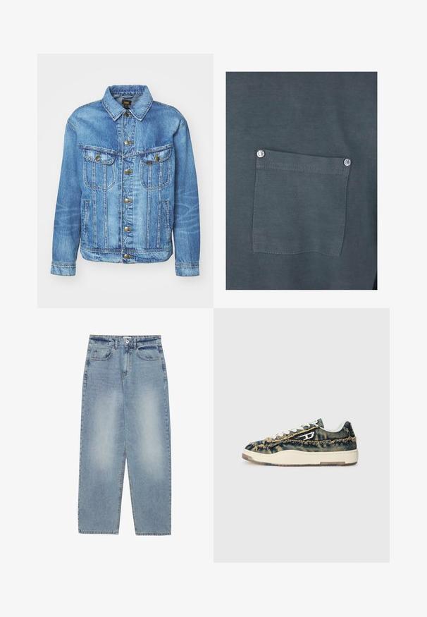 Svijetloplava traper jakna klasičnog dizajna, s kopčanjem na gumbe, dva džepa na prsima i ovratnikom. Mekana tekstura, ležerni stil.; Tamno siva pamučna majica s džepom na prsima s srebrnim dugmetom i glatkom teksturom. Šavovi su vidljivi oko džepa.; Svijetloplave traperice s širokim krojem, ravnim nogavicama, pet džepova i kopčanjem na gumbe u struku. Glatka tekstura.; Traperice tenisice s iznošenom teksturom, bež naglascima, bijelim vezicama i niskim dizajnom. Imaju gumeni potplat i upečatljiv logotip.