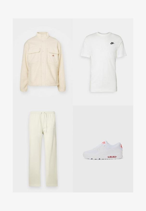 Chaqueta de forro polar color crema con parte superior de tejido liso y parte inferior de sherpa texturizada. Cuenta con dos bolsillos en el pecho y un cierre frontal a presión.; Camiseta de algodón blanca con mangas cortas, cuello redondo y un logo negro de Nike en el área del pecho izquierdo. Textura suave y corte clásico.; Pantalones deportivos beige claro con cintura ajustable con cordón, fabricados con material suave. Presentan un sutil logo de Nike en blanco en el muslo izquierdo.; Zapatilla deportiva blanca con una parte superior lisa, cierre de cordones, suela acolchada y una unidad de aire visible con acentos rojos en la marca.