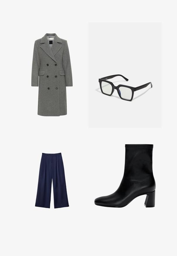 Sivý vlneno-bavlnený dvojradový kabát s krčným golierom, dvoma prednými vreckami a čiernymi gombíkmi. Hladká textúra s definovanou siluetou.; Biela košeľa s dlhým rukávom vyrobená z hladkej tkaniny, s ostrým golierom, zapínaním na gombíky a zaobleným lemom so bočnými rozparkami.; Námornícky modré široké nohavice s pukmi, zapínaním na gombík a pútkami na opasok, zobrazené ležiace na bielom pozadí.; Čierne členkové topánky z hladkej kože. Majú štvorcový špičku, elastický vrch a masívny podpätok pre stabilitu. Minimalistický dizajn.; Čierne slnečné okuliare s matným povrchom, so priehľadnými šošovkami a jemným modrým odtieňom na jednej strane. Robustný, uhlový dizajn.