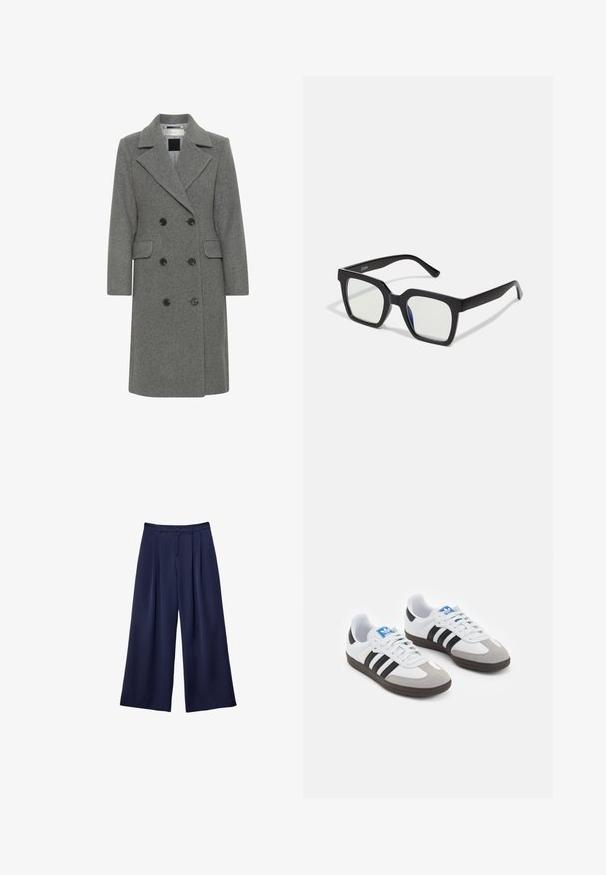 Sivý vlneno-bavlnený dvojradový kabát s krčným golierom, dvoma prednými vreckami a čiernymi gombíkmi. Hladká textúra s definovanou siluetou.; Čierna bavlnená tkanina s hladkou textúrou a okrúhlym výstrihom, s jemným, rovnomerným zrnom. Žiadne viditeľné logo ani akcenty.; Námornícky modré široké nohavice s pukmi, zapínaním na gombík a pútkami na opasok, zobrazené ležiace na bielom pozadí.; Športové topánky s bielym koženým zvrškom, šedou semišovou špičkou a tromi čiernymi pruhmi. Obsahujú modré logo na jazyku a štruktúrovanú gumovú podrážku.; Čierne slnečné okuliare s matným povrchom, so priehľadnými šošovkami a jemným modrým odtieňom na jednej strane. Robustný, uhlový dizajn.