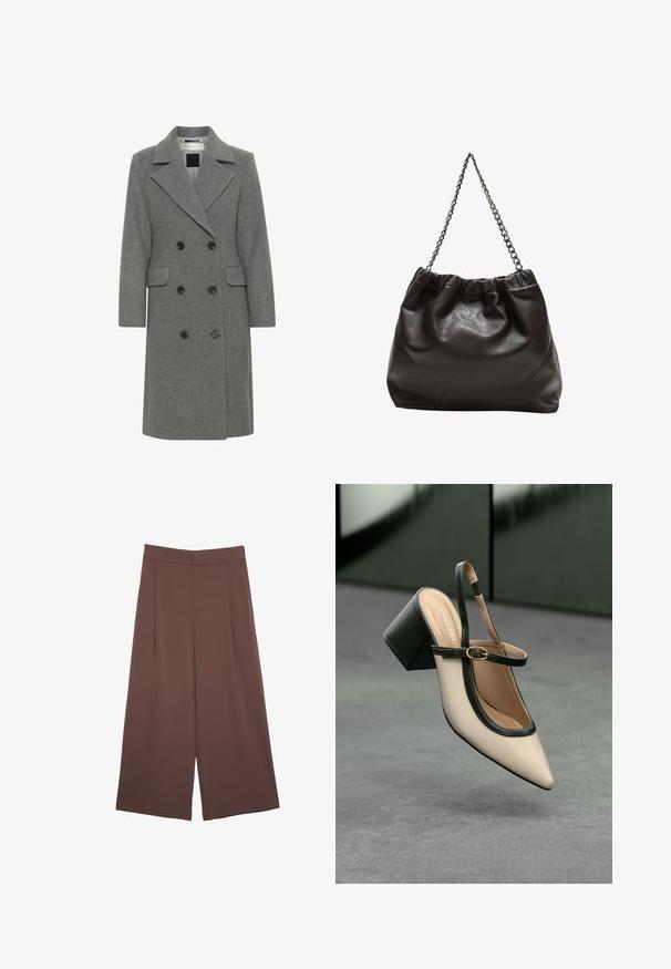 Sivý vlneno-bavlnený dvojradový kabát s krčným golierom, dvoma prednými vreckami a čiernymi gombíkmi. Hladká textúra s definovanou siluetou.; Hnedé bavlnené tričko s krátkymi rukávmi a hlbokým V-výstrihom. Jednoduchý dizajn, jemná textúra a rovný lem. Bez vzorov alebo akcentov.; Hnedé nohavice so širokými nohavicami a hladkou textúrou, s vysokým pásom a prednými skladmi. Tkanina je ľahká a voľne sa pohybuje.; Béžová lodička so špicatou špičkou, s čiernym lemom, zlatou prackou a robustným blokovým podpätkom na šedom podlahe s tmavozeleným pozadím.; Hnedá kožená taška so zberaným vrchom a reťazovým popruhom. Hladký povrch s lesklým finišom a jemným švom po stranách.