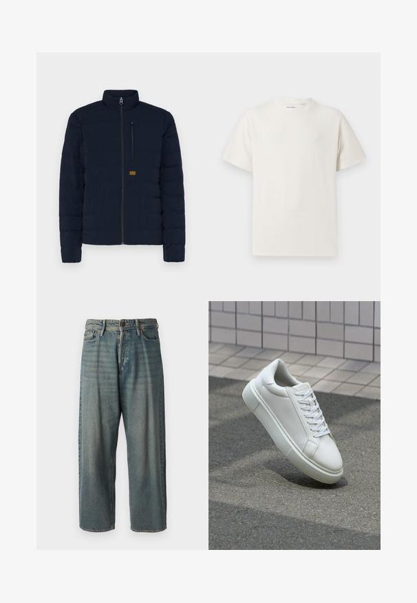 Navy blue lightweight puffer jacket with a high collar, zippered front, and horizontal quilted design; features a chest pocket and logo patch.; White short-sleeve T-shirt in a ribbed texture. Round neckline, relaxed fit, no visible patterns or accents. Simple and versatile design.; Light blue denim jeans with a loose fit, mid-rise waist, and straight legs. Features five pockets, belt loops, and a button closure.; White leather sneaker with a smooth surface, round toe, and flat white laces. Features a textured rubber sole and minimal design elements.