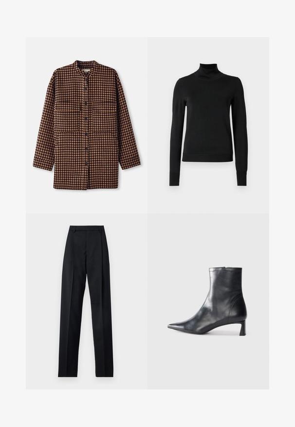 Brun og sort houndstooth-mønsteret skjortejakke med mandarin-krave, frontknaplukning og to brystlommer.; Sort langærmet turtleneck sweater med ribbede manchetter og kant, vist på en simpel hvid baggrund.; Sorte bukser lavet af glat stof, der har høj talje, brede ben, frontfolder og klassiske bælteløkker. Ingen synlige sidelommer.; Sort læder ankelstøvle med spids tå og et strømlinet design. Har en lav hæl og en lynlås lukning bagpå. Glat tekstur.
