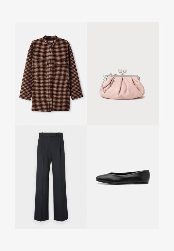 Brązowa i czarna kurtka koszulowa w wzór houndstooth z kołnierzem mandaryńskim, zapięciem na guziki z przodu oraz dwiema kieszeniami na piersiach.; Czarny sweter z dzianiny z długimi rękawami, okrągłym dekoltem i małym białym serduszkiem na klatce piersiowej. Miękka faktura oraz ściągacze na rękawach i u dołu.; Ciemnoniebieskie spodnie w paski z wysokim stanem, szerokimi nogawkami i bez widocznych elementów metalowych lub ozdób. Gładka tekstura i dopasowany krój.; Paul Smith TOPANGA czarny; Różowa skórzana kopertówka z zebranym wzorem, metalową ramą, dwoma okrągłymi zapięciami oraz srebrnym łańcuszkiem. Gładka tekstura, kompaktowy kształt.