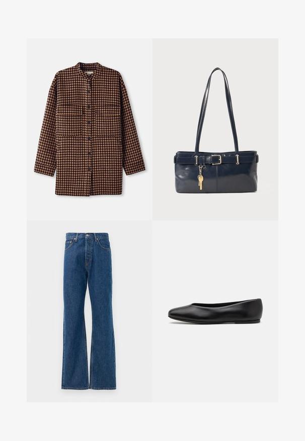 Hnědo-černá košile s vzorem houndstooth, se stojáčkovým límcem, předním zapínáním na knoflíky a dvěma náprsními kapsami.; Páskovaná košile s bílým podkladem, zdobená úzkými vícebarevnými pruhy v modré, oranžové a zelené barvě. Dlouhé rukávy a klasický límec.; Modré denimové zvonové džíny s vysokým pasem, které mají pět kapes, stříbrné zapínání na knoflík a viditelné švy.; Paul Smith TOPANGA - Klasické baleríny  - black; Námořnická kožená kabelka s dvěma dlouhými uchy, detaily s přezkou a připevněným klíčenkou. Vyznačuje se hladkým povrchem a obdélníkovým tvarem.