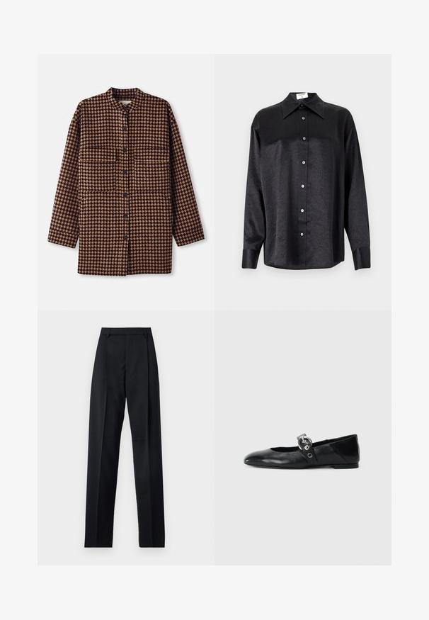 Ruskea ja musta houndstooth-kuvioinen kehysjakku, jossa on mandariinikaulus, etupainonappikiinnitys ja kaksi rintataskua.; Musta pitkähiha vaarallista paitaa, jossa on kauluspanta, ryppytynyt pinta, täysi napitus edessä ja hihansuut. Valmistettu sileästä kankaan.; Musta housut, jotka on valmistettu sileästä kankaasta ja joissa on korkea vyötärö, leveät lahkeet, etukaarteet ja klassiset vyölenkit. Ei näkyviä sivutaskuja.; Mustat nahka ballet-mokkasiinit, joissa on kärjellinen muoto, ympyrämäinen metallinen solki ja tasapohja.