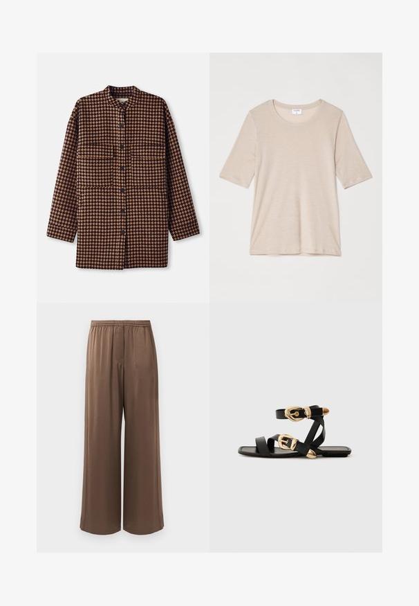 En brun och svart houndstooth-mönstrad skjortjacka med mandarinkrage, framknäppning och två bröstfickor.; Filippa K ELENA TEE - T-shirt - bas - taupe; Bruna vida byxor med elastisk midja och slät tyg, uppvisade mot en enkel vit bakgrund.; Svarta lädersandaler med guldspännen, med flera remmar och platt såldesign för öppna tår.
