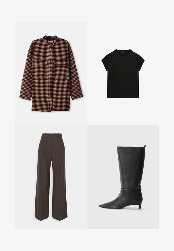 Brown and black houndstooth patterned shirt jacket with a mandarin collar, front button closure, and two chest pockets.; Black short-sleeve crew neck t-shirt with a straight hem, displayed flat on a white background.; Dark brown wide-leg trousers with a high waist, featuring neatly pressed creases, smooth texture, and a tailored fit.; Black leather knee-high boot with a pointed toe, accented by a circular strap around the ankle and a low, tapered heel. Smooth texture.