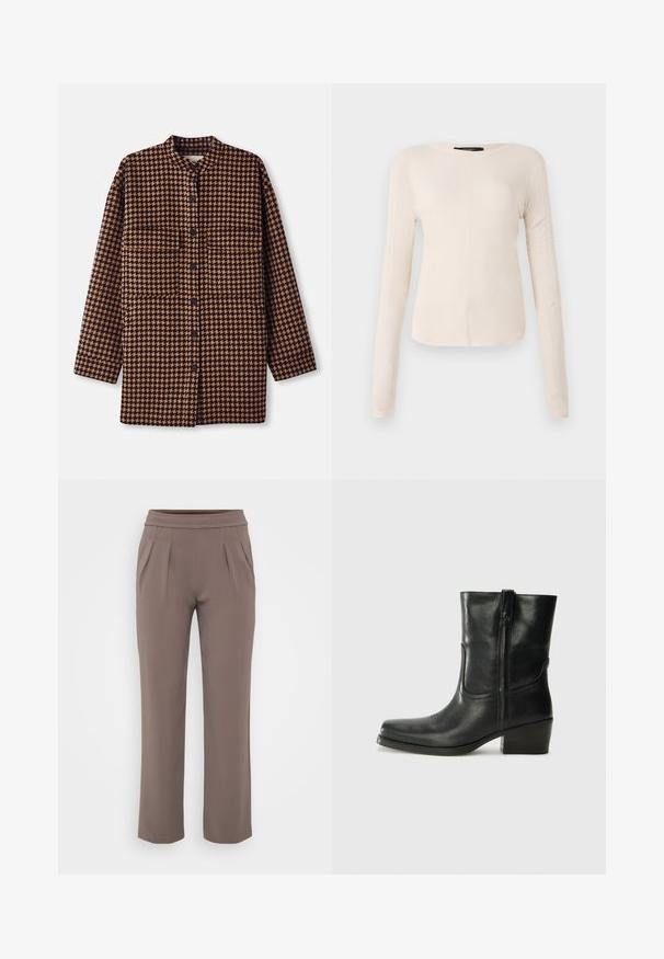 Barna és fekete houndstooth mintás ingdzseki mandarin nyakkal, elülső gombos zárással és két mellzsebbel.; Hosszú ujjú, világos bézs blúz kerek nyakkivágással. Puha anyagból készült, középső varrással és enyhén ívelt szegéllyel rendelkezik. Nincs rajta látható fémrész.; Taupe színű, lazán szabott nadrág, gumis derékkal és elülső pliszírozással, sima anyagból készült.; Fekete bőr bokacsizma lekerekített orral, blokk sarkúval, oldalsó cipzárral és varrásos díszítéssel az elején. Simább textúra, klasszikus dizájn.