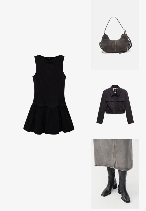 Cropped black jacket in smooth fabric with a zip closure, two chest pockets, and elasticated hem. Features a pointed collar and long sleeves.; Black sleeveless dress with a fitted bodice and a flared pleated skirt. Made from soft fabric, featuring a round neckline and no embellishments.; Black knee-high boots in smooth leather with a squared toe and block heel. Worn with a gray denim skirt with a frayed hem.; Hobo bag in dark gray suede with curved shape, top handle, and side zippers with metal pulls. Smooth texture and visible stitching details.