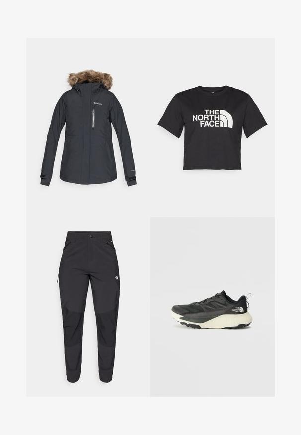 Črna vodoodporna jakna z ovratnikom iz krzna, zadrgo na sprednjem žepu, prilagodljivimi manšetami in logotipom Columbia na zgornji levi strani prsnega koša.; Črna kratka majica iz bombaža, ki ima spredaj bel logotip s ukrivljenimi akcenti in besedilom "THE NORTH FACE". Kratke rokave, okroglo izrezan ovratnik.; Črne zunanje hlače iz trpežnega materiala. Imajo žepke na zadrgo, ojačane kolenske dele in ravno krojeno zasnovo za prosto gibanje.; Črne atletske čevlje z teksturiranim zgornjim delom, ki imajo sivo obrobo in belo srednjo podplat. Vključujejo zanko za vprego in izstopajočo blagovno znamko na peti.