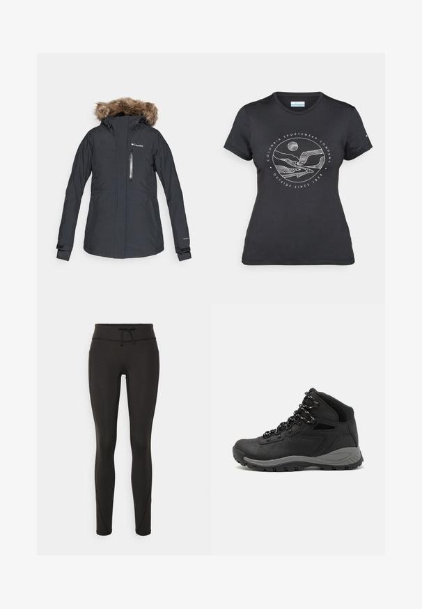 Schwarze wasserdichte Jacke mit fellgefütterter Kapuze, Reißverschluss-Fronttasche, verstellbaren Manschetten und Columbia-Logo auf der linken oberen Brust.; Schwarzes Columbia-T-Shirt mit weißer kreisförmiger Berg- und Fluss-Linienkunst und dem Text "Columbia Sportswear Company - Draußen seit 1938."; Schwarze Leggings mit hohem Bund, Kordelzug, glatter Textur und tailliertem Design. Verfügt über Nähte entlang der Seiten.; Schwarzer Wanderstiefel mit einem mittelhohen Design, ausgestattet mit einer strukturierten Oberfläche, grauen Akzenten und einer robusten Gummisohle mit Profilstollen.