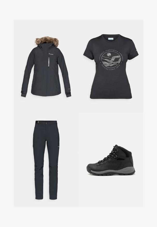 Zwarte waterdichte jas met een met bont gevoerde capuchon, ritszakje aan de voorkant, verstelbare manchetten en het Columbia-logo op de bovenste linkerkant van de borst.; Zwarte Columbia t-shirt met witte cirkelvormige lijntekening van bergen en een rivier en de tekst "Columbia Sportswear Company Outside Since 1938."; Heren buitenbroeken, donkergrijs, gemaakt van flexibel materiaal, met een riem, ritszakken en verstevigde stiksels.; Zwarte wandelschoen met een mid-top ontwerp, voorzien van een gestructureerde bovenkant, grijze accenten en een duurzame rubberen zool met gripnoppen.