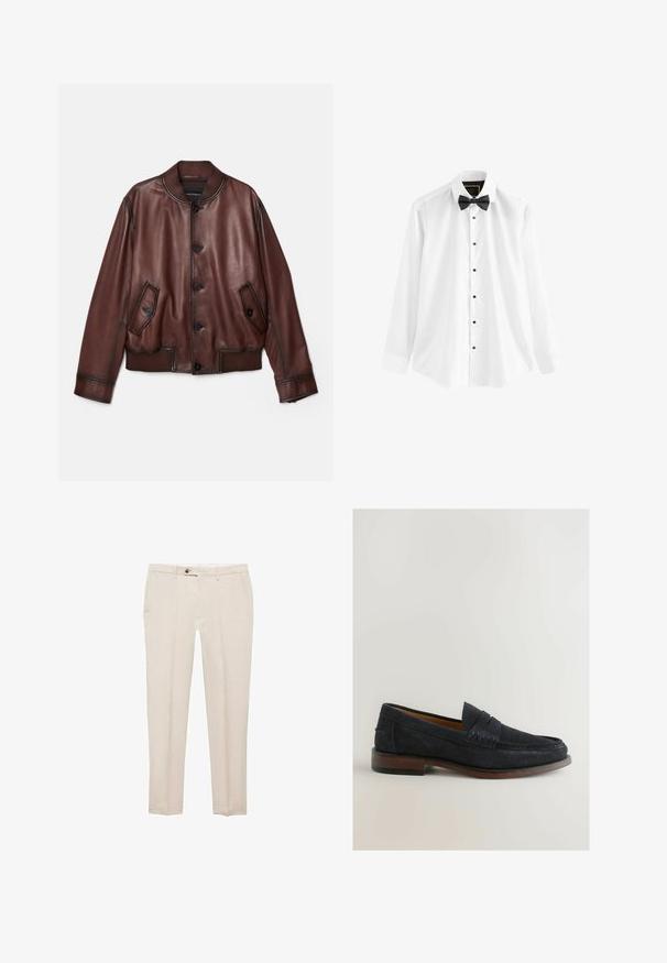 Brun läderbomberjacka med en ribbad krage, två framfickor och knäppningar. Slät textur och avslappnad passform.; Vit skjorta i bomull med långa ärmar, en svart fluga och svarta knappar fram.; Mango Tygbyxor - beige; Mörkblå mockaloafers med en sydd detalj och en låg brun träklack. Rund tå och smidig design utan synlig hårdvara.