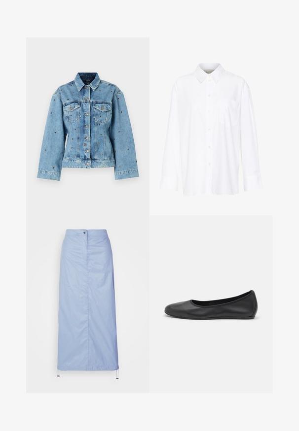 Gaiši zils džinsus žakets ar apkakles dekoltē, pogu aizdari un divām krūšu kabatām; rotāts ar metāliskiem tapām visā žaketē.; Baltais garo piedurkņu krekls ar apkakli, izgatavots no kokvilnas. Aprīkots ar pogu aizdari priekšā un vienu krūšu kabatu. Gluda tekstūra, brīvs piegriezums.; Gaiši zila, vidēja garuma svārki, izgatavoti no gluda, viegla materiāla ar taisnu piegriezumu, ar priekšējo pogu aizdari un auklu apakšmalā.; Melna ādas baleta kurpe ar noapaļotu purngalu, gludu tekstūru, minimālu šuvju detalizāciju un elastīgu zoles dizainu.