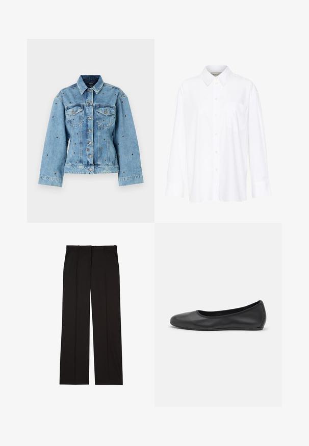 Jachetă din denim albastru deschis cu guler, închidere cu butoane și două buzunare pe piept; are accente metalice cu ținte pe întreaga suprafață.; Cămașă albă cu mânecă lungă și guler, fabricată din bumbac. Are un închidere cu băta pe față și un singur buzunar pe piept. Textură netedă, croială lejeră.; Pantaloni negri, croiți, confecționați dintr-un material neted, cu un design drept și două buzunare laterale. Construcție elegantă și minimalistă.; Balerini din piele neagră, cu vârf rotund, textură netedă, detalii de cusătură minimale și un design al tălpii flexibil.