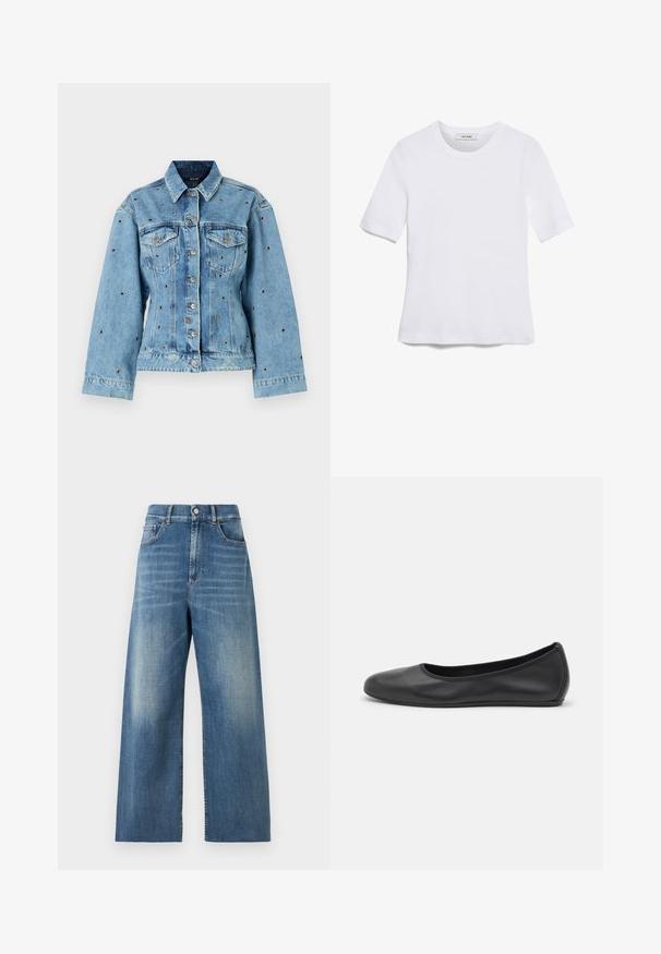 Světle modrá džínová bunda s límečkem, zapínáním na knoflíky a dvěma náprsními kapsami; obsahuje kovové hřebíky jako ozdobné prvky po celém povrchu.; Bílá tričko s krátkým rukávem vyrobené z žebrované tkaniny. Kulatý výstřih, normální střih a jemné detaily šití. Bez vzorů nebo grafik.; Džínsy s vysokým pasem a širokými nohavicemi vyrobené z modrého denimu s vybledlým vzhledem. Mezi vlastnosti patří přední kapsy a jedno tlačítko na zapínání.; Černé kožené baletní byty s kulatou špičkou, hladkou texturou, minimálními švy a flexibilním designem podrážky.
