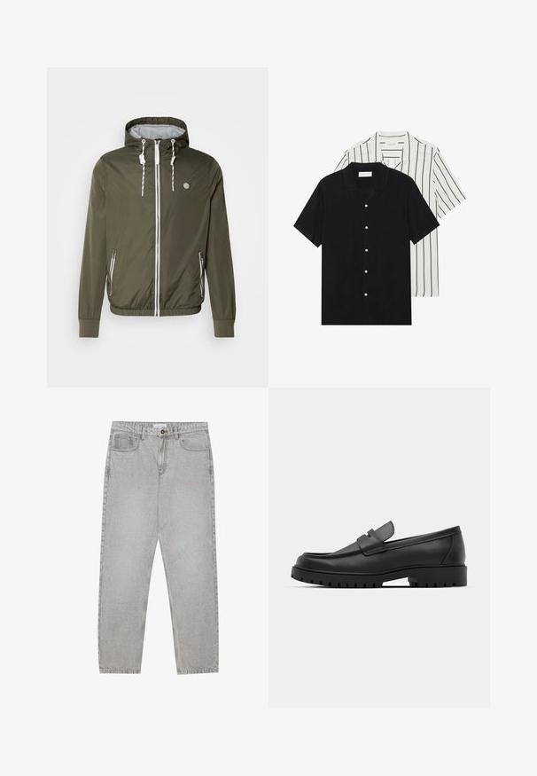 Olive zelena jakna s kapuco na zadrgo, bele vrvice, stranski žepi, rebrasti manšeti in logo na levem prsnem delu. Gladek, lahek material.; Dve majice s kratkimi rokavi: ena enobarvna črna, druga bela z črnimi navpičnimi črtami. Obe imata gumbaste zapenke in klasičen ovratnik.; Svetlo sivi traper hlače s ravnim krojem, pet žepov in gumbom za zapiranje. Vidno šivanje ob šivih.; Črne usnjene loafers čevlje z zaobljenim nosom, ki imajo šivano zasnovo, nizko platformo in teksturiran, profiliran gumijast podplat.