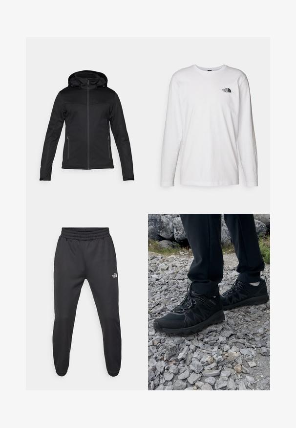 Giacca nera con cappuccio in materiale softshell, dotata di zip frontale, due tasche laterali e un design con pannello superiore testurizzato.; T-shirt bianco a maniche lunghe in cotone con colletto rotondo. Presenta un piccolo logo nero sul petto. Texture liscia, vestibilità regolare.; Pantaloni sportivi neri con vita regolabile tramitecordino, vestibilità affusolata, polsini elasticizzati e un piccolo logo bianco sulla coscia sinistra, realizzati in tessuto morbido.; Scarpe da esterni nere realizzate in mesh e materiale sintetico, con una parte superiore testurizzata, un sistema di allacciatura sicuro e una suola robusta, su terreno roccioso.
