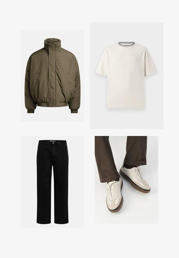 Žaliosios alyvuogės spalvos pufferis, turintis aukštą apykaklę, elastingus rankogalius ir šonines kišenes. Lygi tekstūra su laisvu, stačiakampiu fasonu.; Kremo spalvos medvilninė marškinėlių su trumpomis rankovėmis, suapvalintu iškirpimu, puoštu tamsiai mėlynomis ir baltomis juostelėmis. Glotni tekstūra, laisvas sijonas.; Juodi džinsai su tiesiu kirpimu, klasikinio penkių kišenių dizainu ir mygtuko užsegimu juosmens zonoje. Lygus tekstūras ir patvari medžiaga.; Bežiniai sportbačiai su tekstūruotu zomšinės priekine dalimi, lygiomis odinėmis šoninėmis dalimis ir ruda guminėmis padais. Į komplektą įeina juostelės ir šviesūs siuvimo detalės.