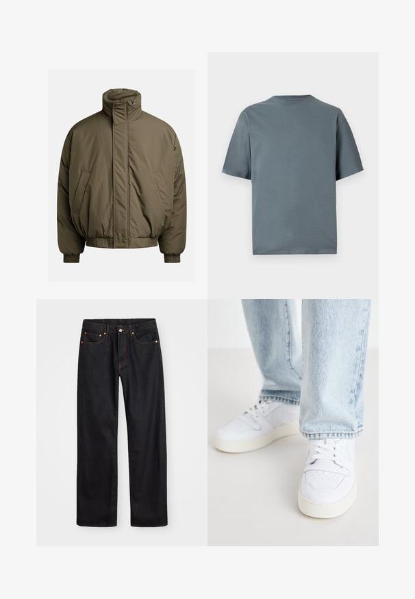 Paddad jacka i olivgrönt, med hög krage, elastiska ärmslut och sidofickor. Slät textur med en avslappnad, boxig form.; Grå bomulls t-shirt med korta ärmar, rundad halsringning och avslappnad passform. Slät textur, minimalistisk design och inga synliga mönster eller detaljer.; Svart denimjeans för män med rak passform, fem fickor och orangea sömmar, med knäppning och dragkedja fram i midjan.; Vita lädersneakers i låg modell med perforerat tåparti, platta snörningar och minimalistisk design. I kombination med ljusblå denimjeans.