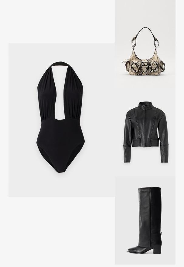 032c HIPPOLYTA GUARDED BIKER JACKET - Leather jacket - black; Black one-piece swimsuit with a halter neck design, deep plunge front, gathered fabric at the bust, and a smooth texture.; Black leather knee-high boots with a smooth finish, square toe, block heel, and side tie detail for adjustable fit.; Python-print handbag in beige and black, featuring a structured shape, buckle detail, and dual shoulder straps. Textured surface.