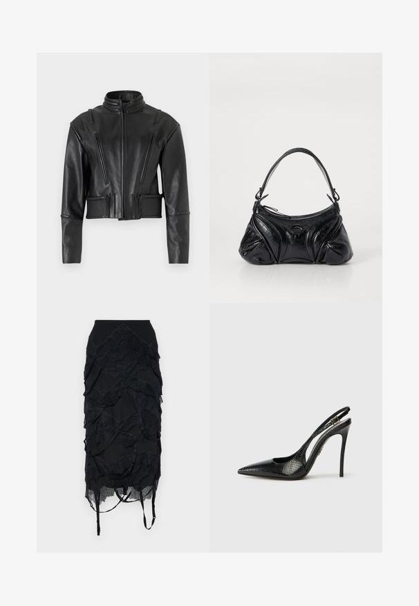 032c HIPPOLYTA GUARDED BIKER JACKET - Jachetă piele - black; Tricou scurt cu mânecă, de culoare neagră, fabricat dintr-un material fin. Are un decolteu rotund și o croială lejeră, cu o linie a tivului dreaptă.; Fustă neagră cu accente de dantelă stratificate, talie ajustată și bretele reglabile. Designul include un model în formă de val pe întreaga suprafață.; Pantof de damă negru cu toc slingback, cu vârf ascuțit, model texturat de șarpe, toc stiletto și o cataramă decorativă pe bretele.; Geantă de mână neagră din piele texturată, cu o formă rotunjită. Dispune de o curea subțire pentru umăr și modele decorative în relief.