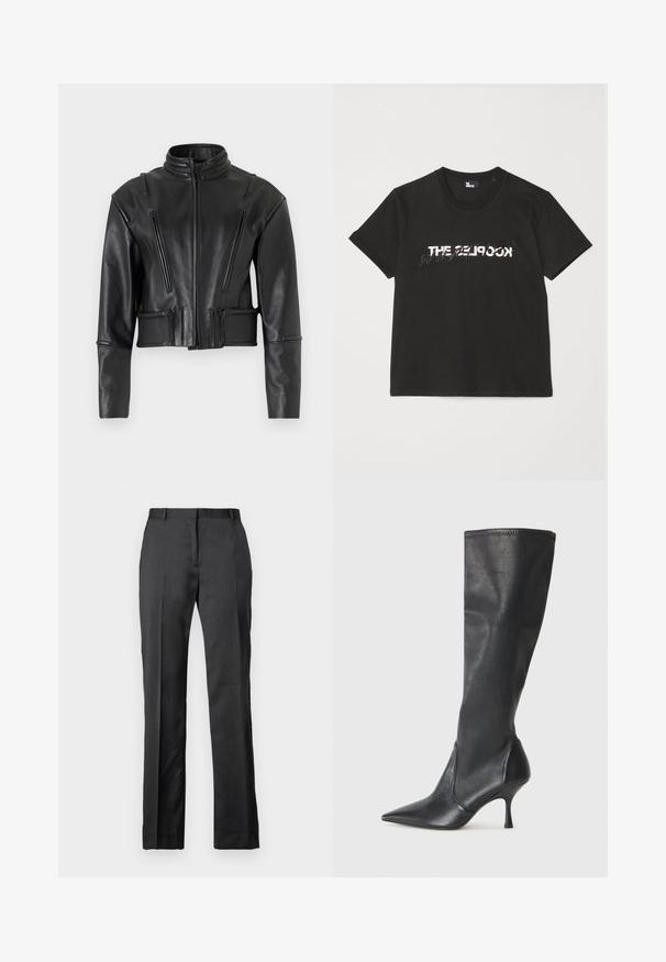 032c HIPPOLYTA GUARDED BIKER JACKET - Odinis švarkas - black; Juodas medvilninis marškinėliai trumpomis rankovėmis, su spausdintu baltu ir pilku „THE 2LOOK“ dizainu priekyje. Klasikinis apvalus iškirpimas.; Juodos pritaikytos kelnės, pagamintos iš lygaus audinio. Turi tiesią koją, plokščią priekinę dalį ir nežymias raukšles.; Juodų odinių batų iki kelių su smailiu pirštu ir plonu stiletto kulnu. Lygus paviršius, pritaikytas dizainas ir siuvimas viršutiniame krašte.