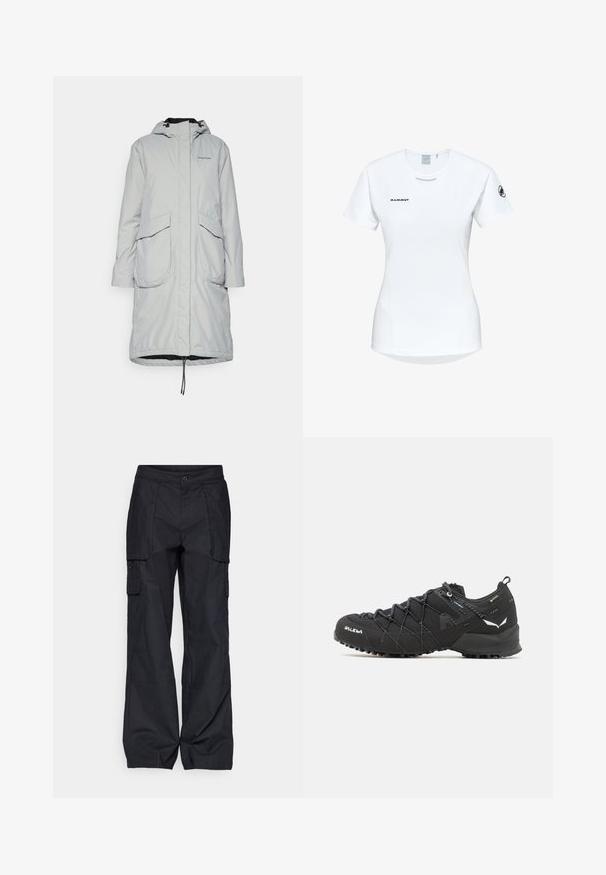 Didriksons FARA - Parka - wilted leaf; Kurzärmliges weißes Sportshirt mit Rundhalsausschnitt, das ein Logo auf der Brust und eine glatte, leichte Stofftextur aufweist.; Columbia BREA FALLS™ COTTON RIPSTOP PANT - Outdoor-Hose - black; Schwarze Wanderschuhe mit einem strukturierten Obermaterial aus Stoff, Schnürsystem und robuster Gummisohle. Akzentuiert mit reflektierenden Details und Logos.