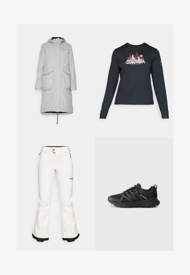 Didriksons FARA - Parka - wilted leaf; Long-sleeve dark gray shirt with a graphic of red trees and mountains; "COLUMBIA" logo in bold white text. Soft fabric, standard crew neck.; White ski pants made from soft, flexible material. Features a fitted waist, wide flared legs, and black trim at the cuffs. Brand logo visible.; Columbia PEAKFREAK - Hiking shoes - black