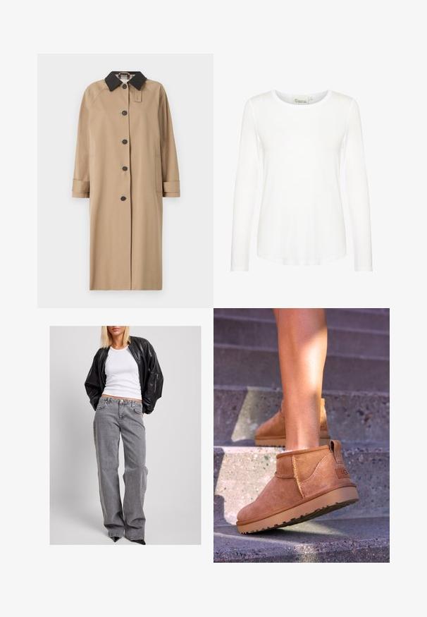 Kasta mētelis ar melnu apkakli, priekšējā pogu aizdare, garām piedurknēm un sānu kabatām. Gluda auduma, ceļgalu garuma dizains, minimālisma stils.; Balta garās piedurknes bluse ar apaļu kaklu. Izgatavota no gludas auduma ar pieguļošu formu. Uzlīme redzama pie kakla. Bez rakstiem vai akcentiem.; Melna ādas bumbierveida jaka, balts ribots topiņš un augsto vidukļa pelēki džinsi ar brīvu piegriezumu, smalkām šuvēm un akcentējošām kabatām.; Dzeltenbrūnas zamšādas potīšu zābaciņi ar mīkstu tekstūru, izšūtu apdari un gumijas zoli, kas aprīkoti ar cilpu uz papēža ērtai uzvilkšanai.