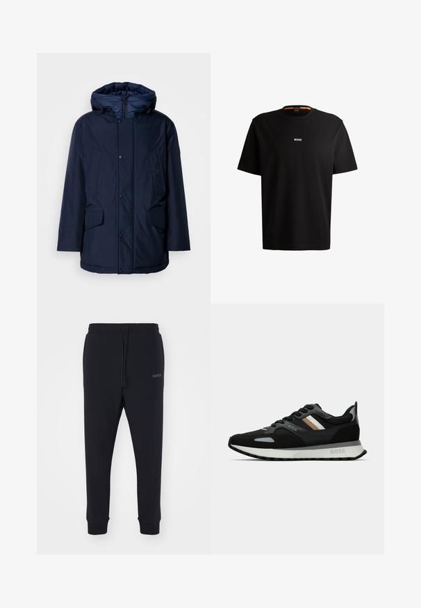 Námornícky modrý izolačný parka s odnímateľnou kapucňou, zarážkovými gombíkmi a dvoma prednými vreckami, ktorý sa vyznačuje hladkou textúrou a čistými líniami.; Čierne bavlnené tričko s okrúhlym výstrihom, krátkymi rukávmi a bielym logom "BOSS" umiestneným na hrudi. Hladká textúra, voľný strih.; Čierne tepláky vyrobené z mäkkého materiálu s elastickým pásom, šnúrkou na stiahnutie a zúženými nohavicami. Obsahujú malé logo na boku.; Čierna bežecká obuv s textúrovaným povrchom, svetlošedými akcentmi a tromi horizontálnymi pruhmi v hnedej farbe. Obsahuje bielu polstrovanú podrážku.