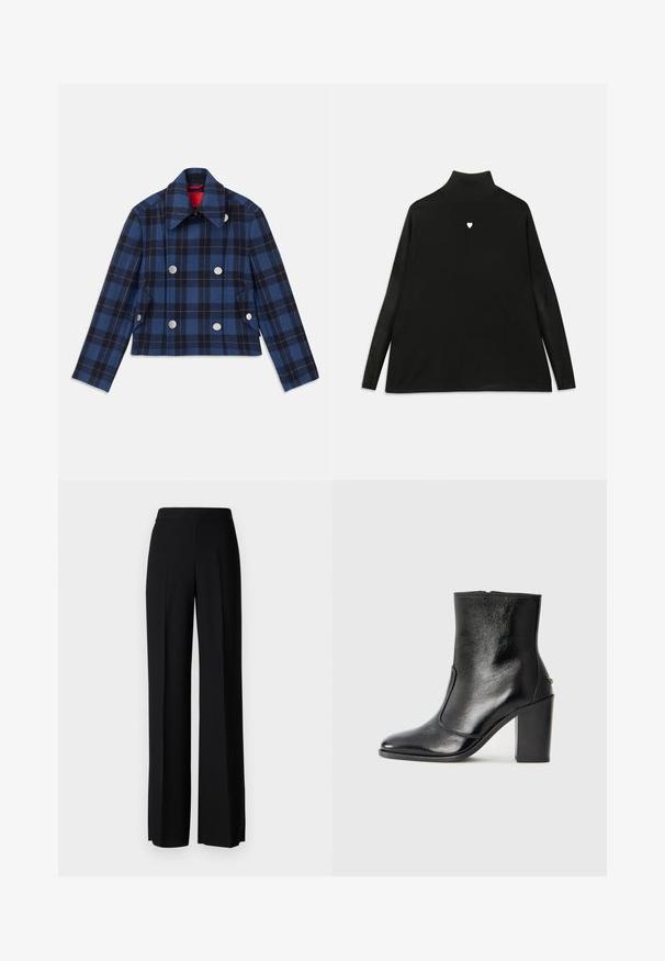 Mornarstvo plavi karirani sako s krojenjem koje je skraćeno, dvostruko kopčanje sprijeda, veliki srebrni dugmad i oštar ovratnik. Tekstuirana tkanina.; Crna turtleneck pulover sa dugim rukavima, s malim bijelim srcem na prednjem dijelu. Mekana tkanina i opušteni kroj.; Crne široke hlače s glatkom teksturom, s visokim strukom i središnjim pregibima. Nema vidljivih uzoraka ili hardverskih detalja.; Crna kožna čizma do gležnjeva s glatkom teksturom, špicastim vrhom i debelim visokim potpeticama. Ima bočni otvor i minimalistički dizajn.